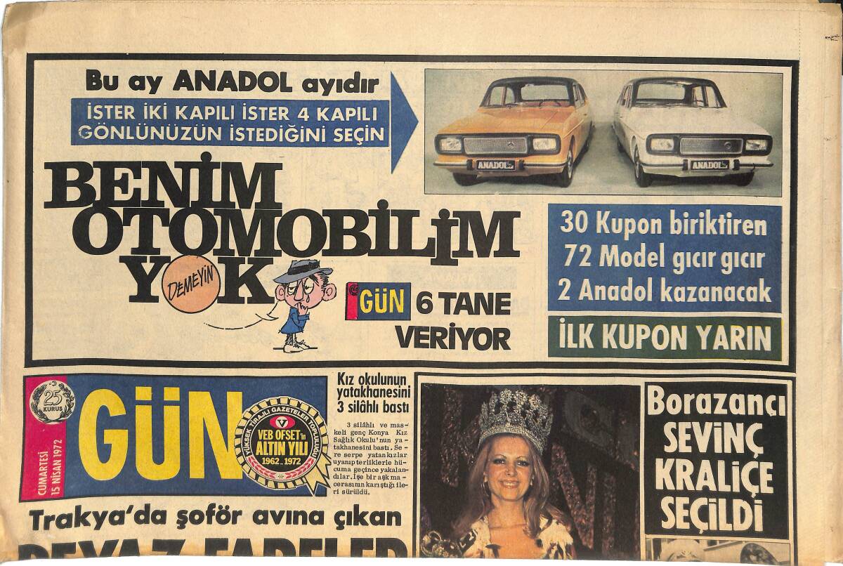 Gün Gazetesi 15 Nisan 1972 - Borazancı Sevinç Kraliçe Seçildi - Mylene Demongeot Sinemanın En Rahat Soyunan Kadınıdır GZ144930 - 1