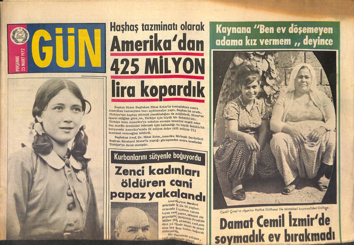 Gün Gazetesi 23 Mart 1972 - Zenci Kadınları Öldüren Cani Papaz Yakalandı - Eroin Kaçakçısı Dülgeryan'ı Güzel Ermenı Kızı Ele Verdi! GZ146121 - 1