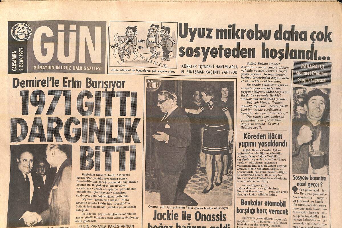 Gün Gazetesi 5 Ocak 1972 - Jackie Ve Onassis Boğaz Boğaza Geldi - Almanların Çenesini Dağıtan Türk GZ156764 - 1