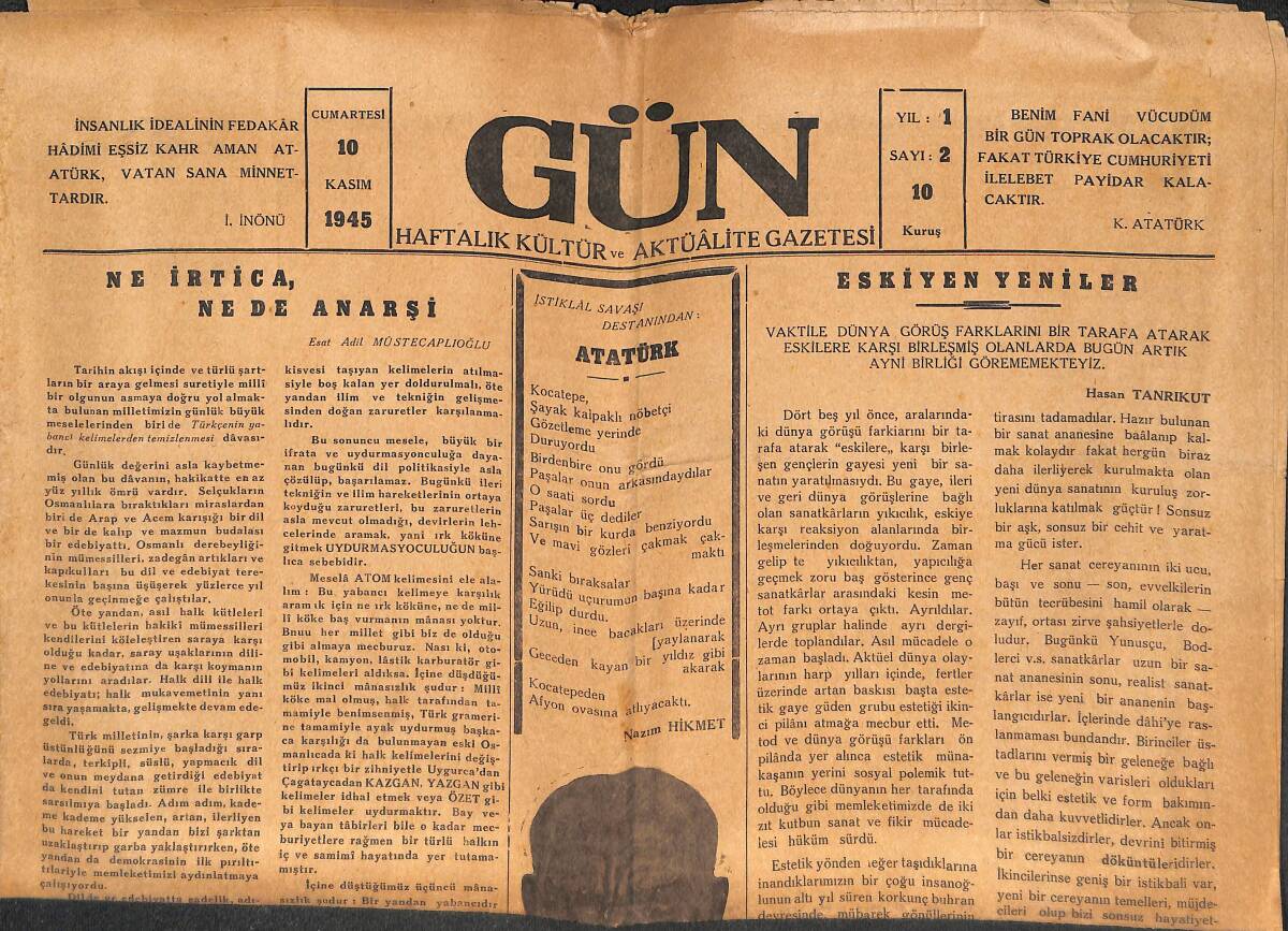 Gün Haftalık Kültür Ve Aktüalite Gazetesi 10 Kasım 1945 - Ne İrtica Ne De Anarşi - Grev Yasağı - Demokrat Terbiye GZ133965 - 1