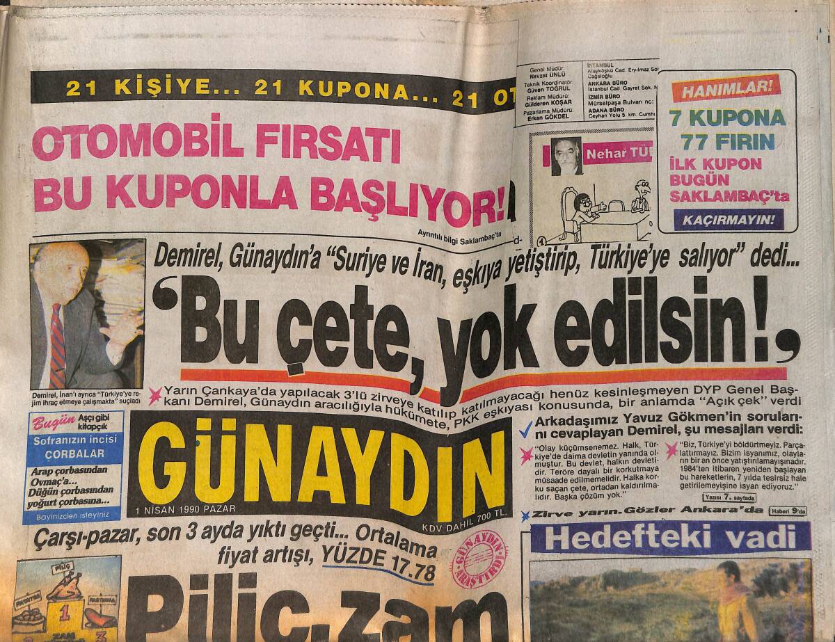 Günaydın Gazetesi 1 Nisan 1990 - Handan'ın İntikamı - İbo: Ben Babo Gurban Demem - Fatma Girik Hayat Arkadaşına Eliyle Pasta Yedirdi GZ152855 - 1