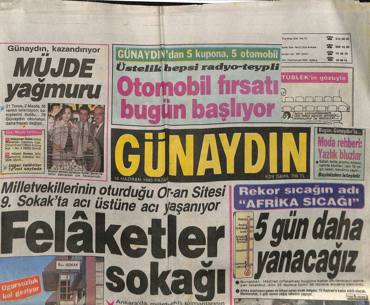 Günaydın Gazetesi 10 Haziran 1990 - İnönü : Akbulut'a Gülüyorum - Borsa'da Geri Adım GZ152409 - 1
