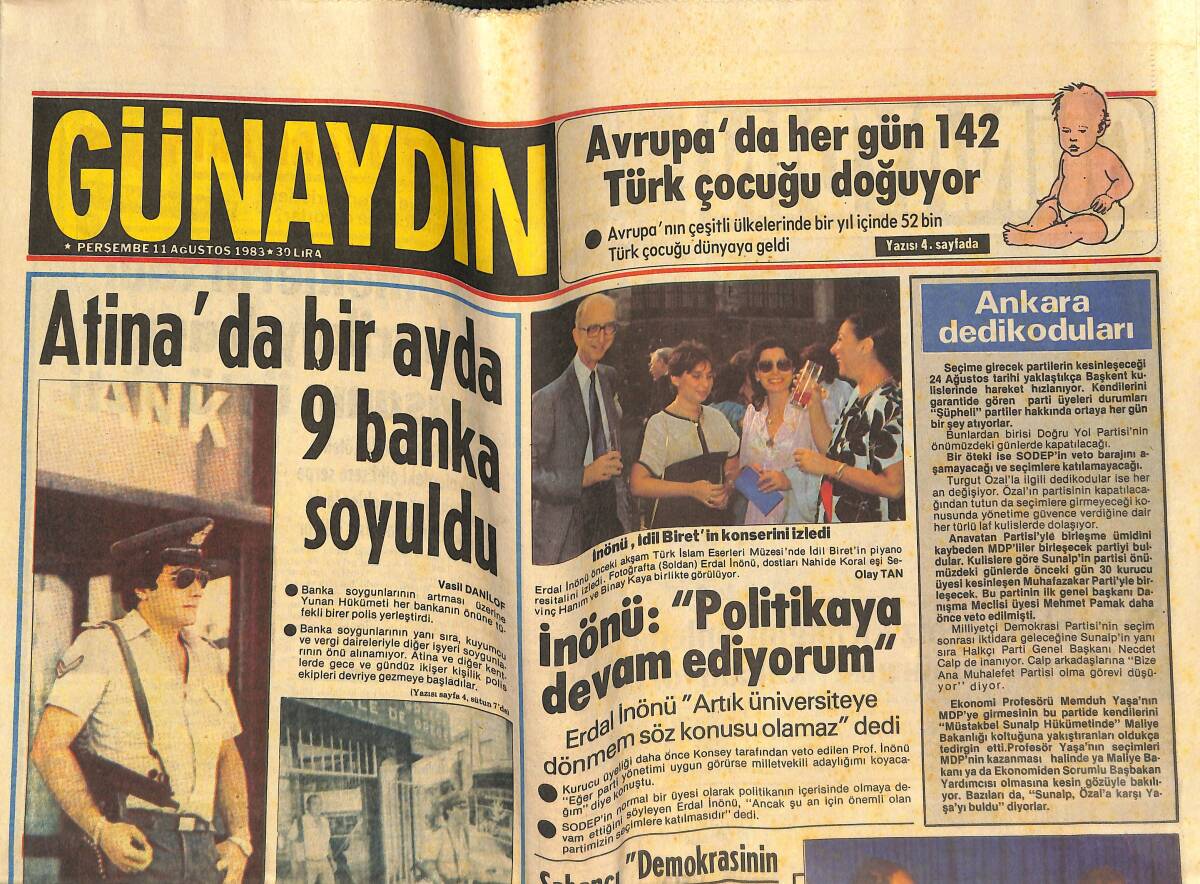 Günaydın Gazetesi 11 Ağustos 1983 - Almanların Türklere Karşı Yeni Taktiği - Atina'da Bir Ayda 9 Banka Soyuldu GZ142440 - 1