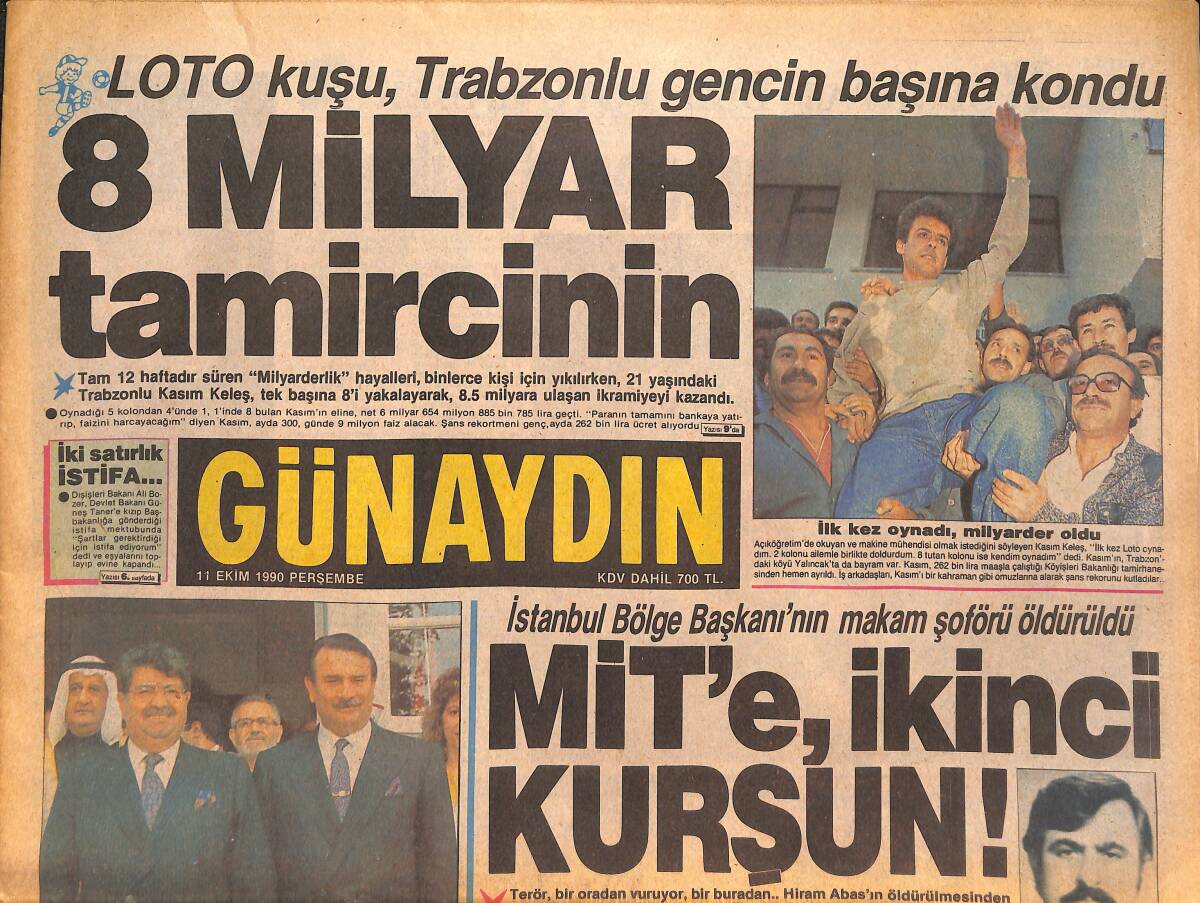 Günaydın Gazetesi 11 Ekim 1990 - İsrail'e Amerika Tokadı - İstanbul Bölge Başkanı'nın Makam Şoförü Öldürüldü GZ135024 - 1