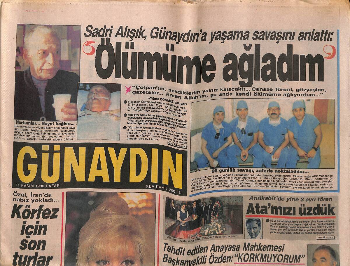 Günaydın Gazetesi 11 Kasım 1990 - Sadri Alışık , Günaydın'a Yaşama Savaşını Anlattı - Alaattin Çakıcı Gözaltına Alındı GZ151274 - 1