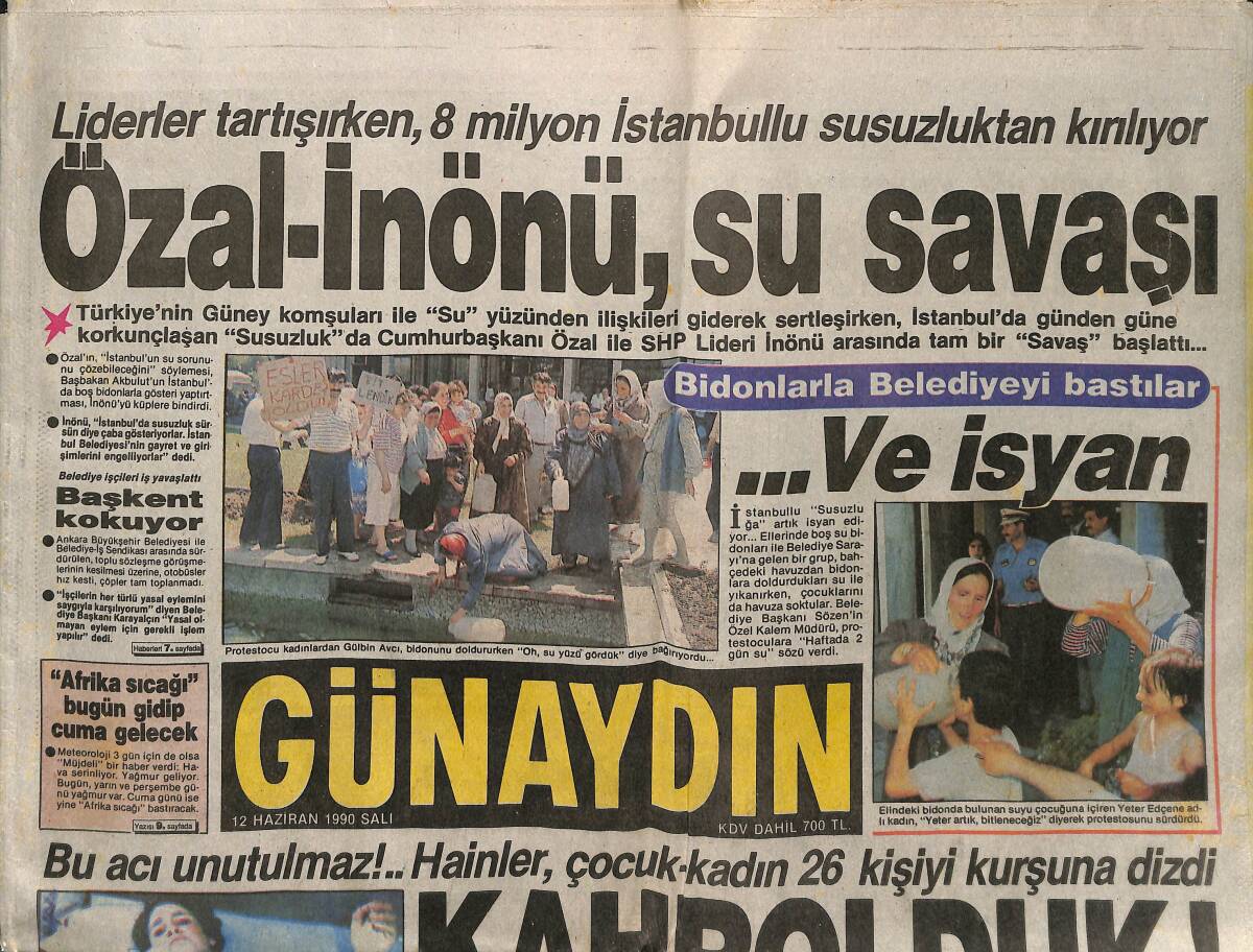 Günaydın Gazetesi 12 Haziran 1990 - Özal-İnönü , Su Savaşı - Semra Özal Hesaplaşacak GZ152419 - 1