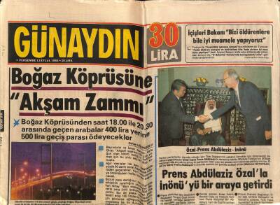 Günaydın Gazetesi 13 Eylül 1984 - Boğaz Köprüsüne Akşam Zammı GZ74323 - 1