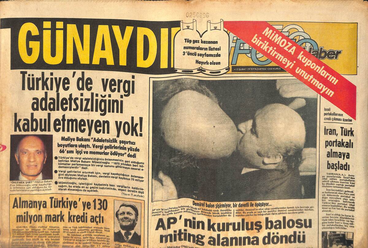 Günaydın Gazetesi 13 Şubat 1978 - Demirel Balon Şişirmiyor, Bir Davetli İle Öpüşüyor - 100 Yıllık Kan Davası Barış Ziyafetiyle Bitti GZ133404 - 1