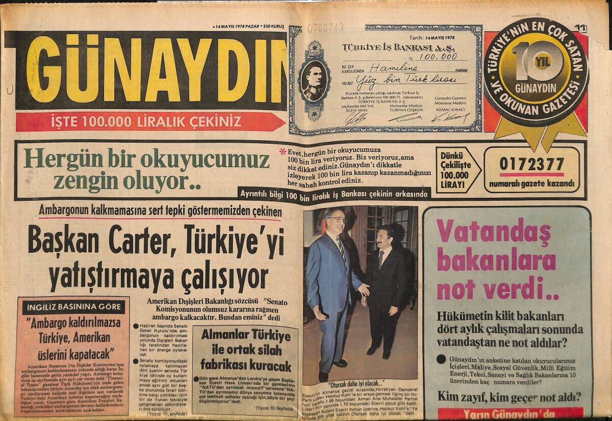 Günaydın Gazetesi 14 Mayıs 1978 - Başkan Carter Türkiye'yi Yatıştırmaya Çalışıyor - Anneler Günü, Fatma Girik, Hülya Koçyiğit Ve Gülşah GZ152050 - 1