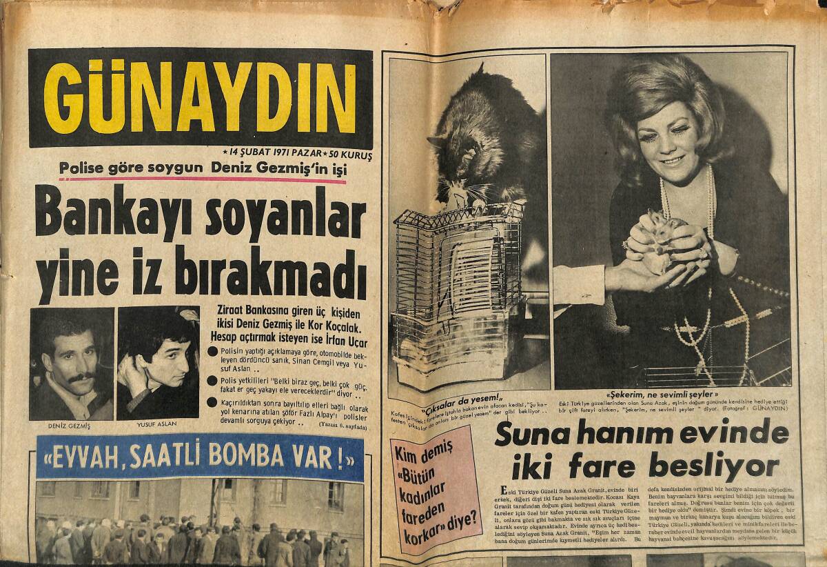 Günaydın Gazetesi 14 Şubat 1971 - Cemile, Clay'e Tokatı Yapıştırdı - Polise Göre Soygun Deniz Gezmiş'in İşi GZ152086 - 1