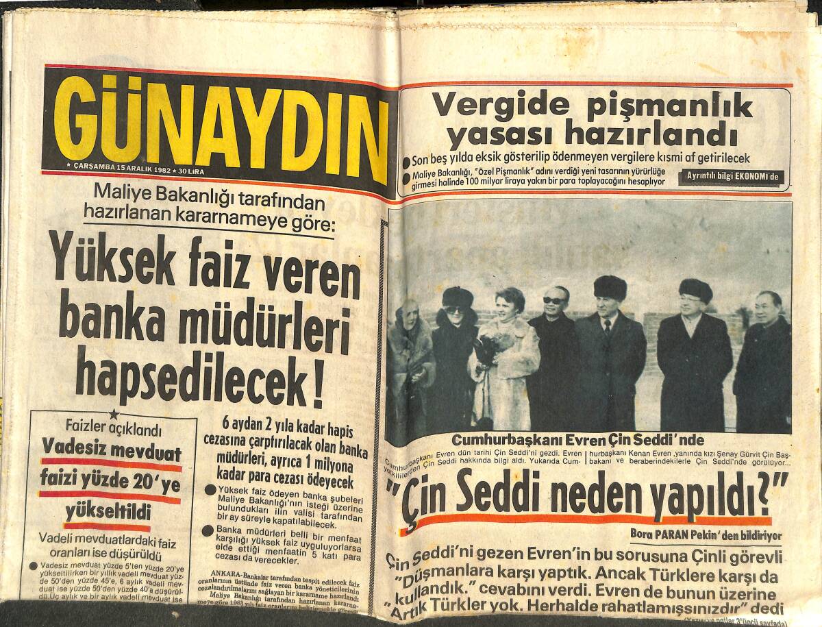 Günaydın Gazetesi 15 Aralık 1982 - Cumhurbaşkanı Evren Çin Seddi'nde - 1983'ün Gelinlikleri Hazır GZ143305 - 1
