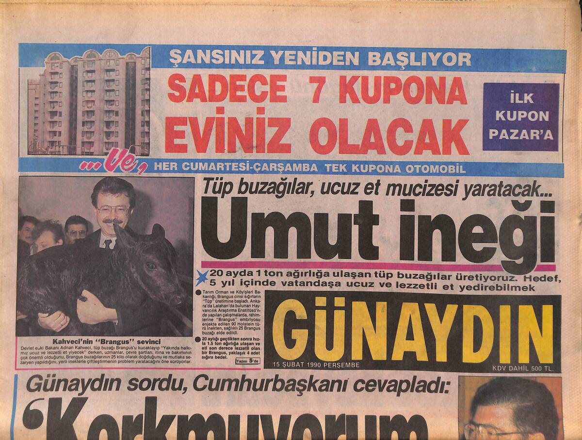 Günaydın Gazetesi 15 Şubat 1990 - Tüp Buzağılar , Ucuz Et Mucizesi Yaratacak... - Akhisar'da İşçi de , Çiftçi de Barut Gibi GZ134688 - 1