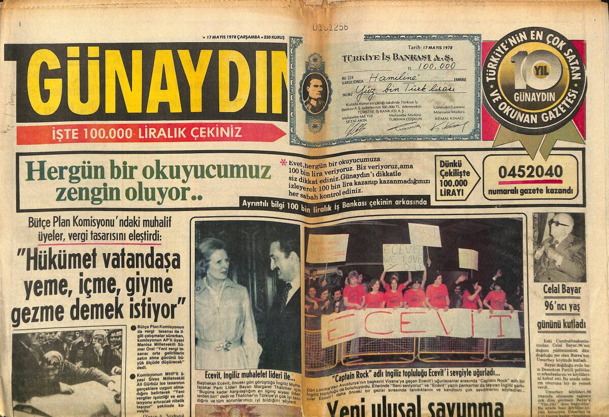 Günaydın Gazetesi 17 Mayıs 1978 - Celal Bayar 96. Yaş Gününü Kutladı - Fatma Girik Akdeniz'in Temiz Sularında Serinliyor GZ152049 - 1
