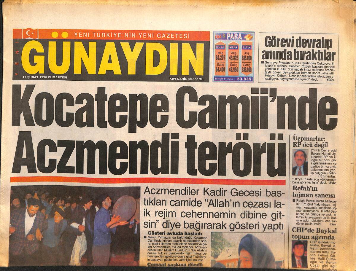 Günaydın Gazetesi 17 Şubat 1996 - Mesut Yılmaz'ın Köpeği Korkuttu - Kocatepe Camii'nde Aczmendi Terörü GZ147721 - 1