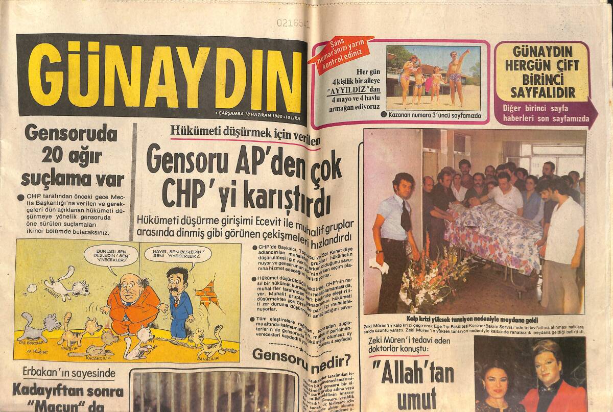 Günaydın Gazetesi 18 Haziran 1980 - Turgut Özal'ın Paris Dönüşü İstifa Edeceği Öne Sürüldü - Zeki Müren'i Tedavi Eden Doktorlar Konuştu! GZ142554 - 1