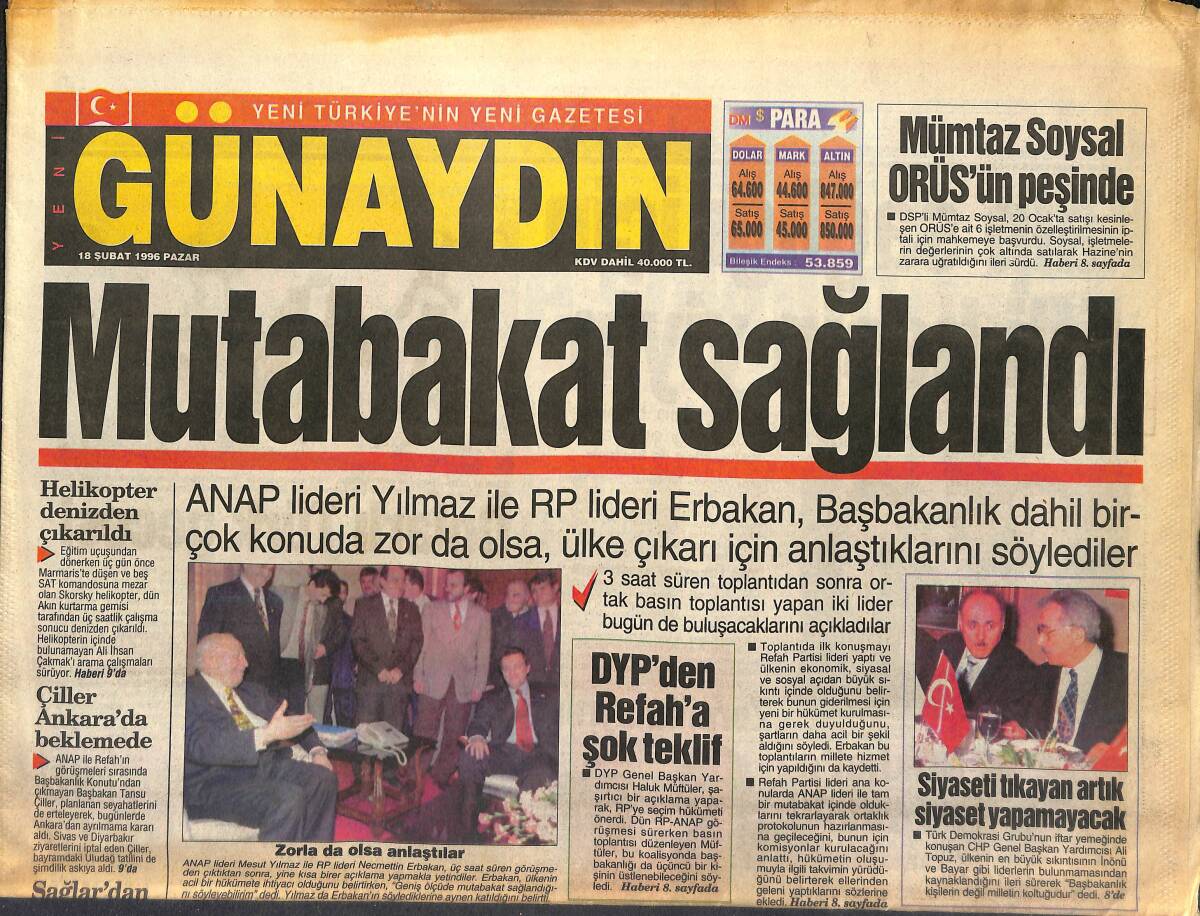 Günaydın Gazetesi 18 Şubat 1996 - Yunanistan'dan Meis'e Yığınak - İranlı Terör Eğitmenleri GZ147738 - 1