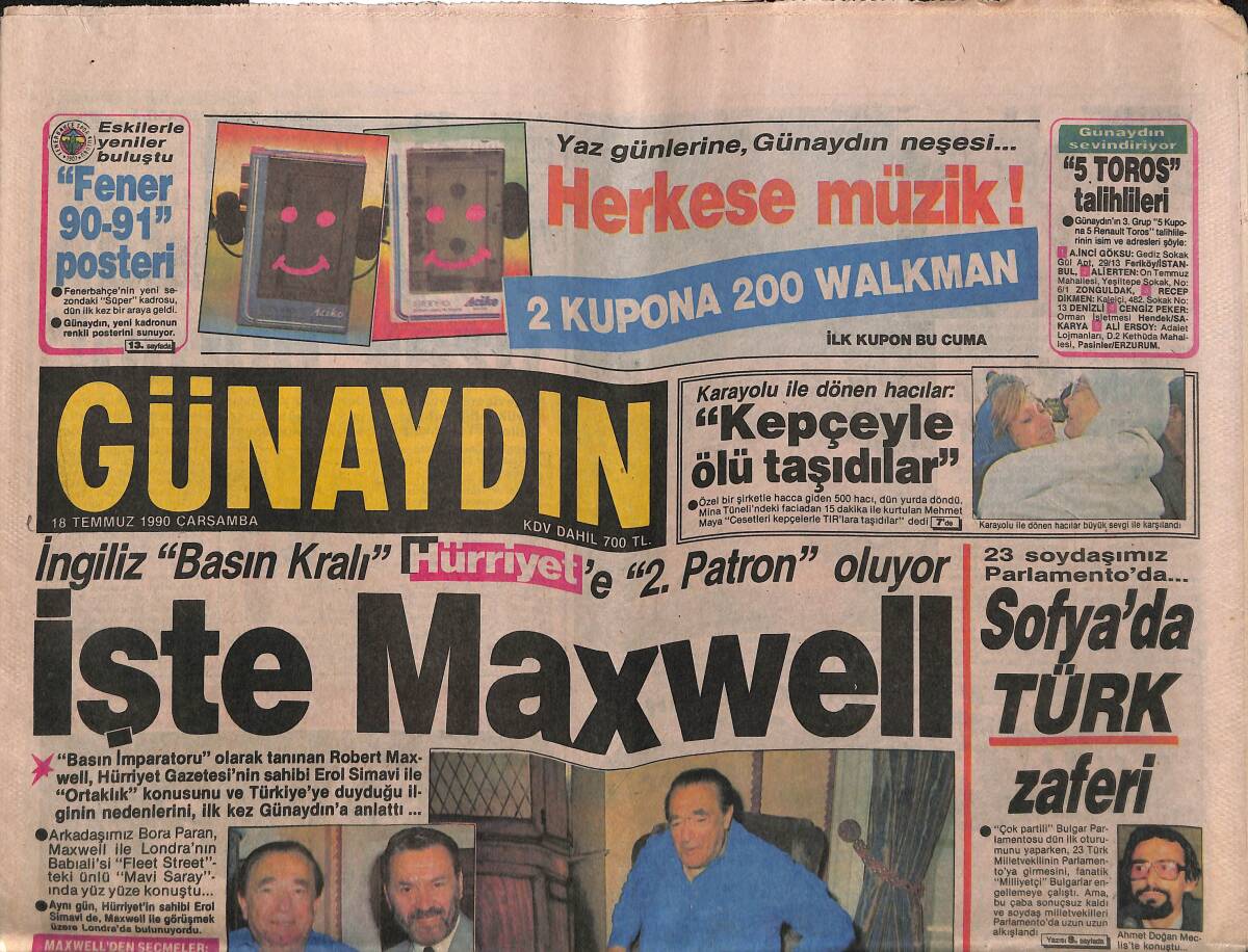 Günaydın Gazetesi 18 Temmuz 1990 - İşte Maxwell - TRT , Yayın Hakkını Magic Box'dan Kapma Çabasında... GZ151271 - 1