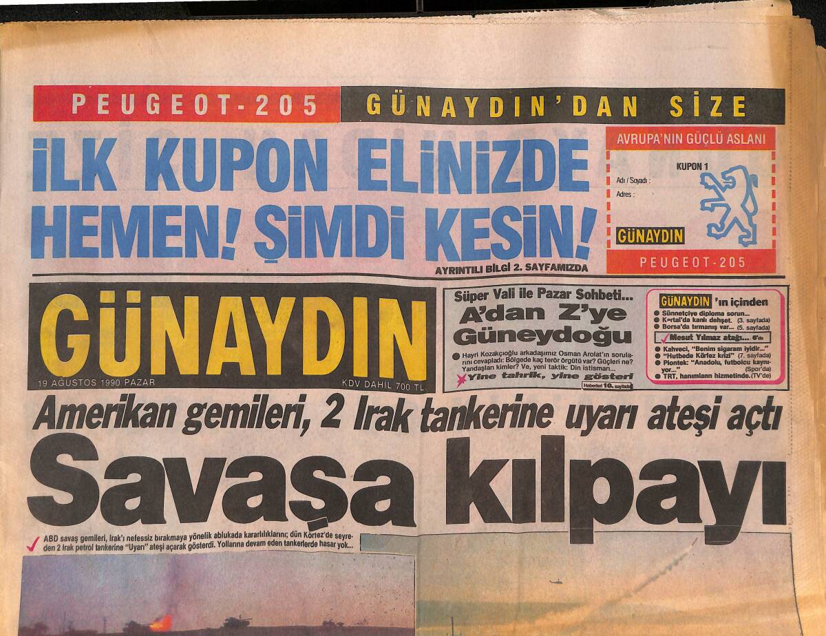 Günaydın Gazetesi 19 Ağustos 1990 - Ve Amerika'da Kısmî Seferberlik - Kimyasal Savaşta Nasıl Korunulur ? GZ134184 - 1