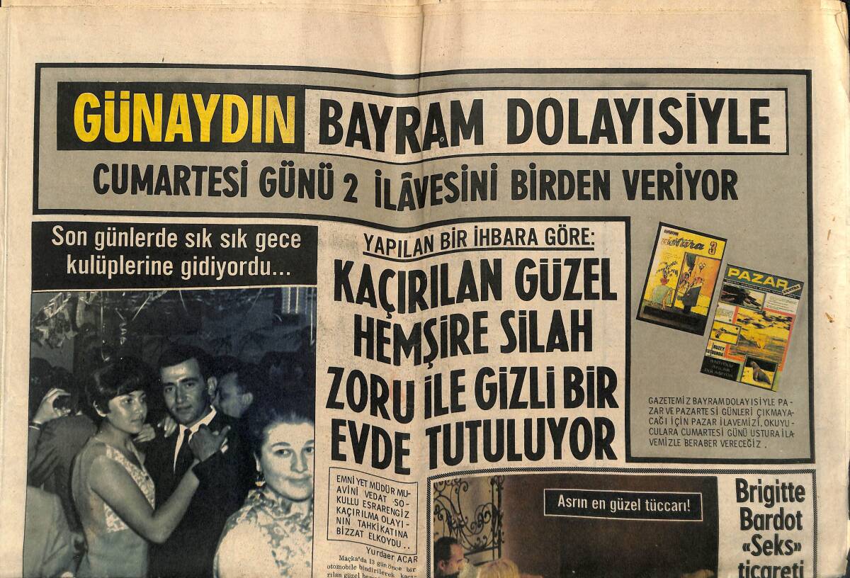 Günaydın Gazetesi 19 Aralık 1968 - Brigitte Bardot Bir Filmde 8 Sevişme Usulü Gösterecek - Johnson'un Kızı Kapalıçarşı'da Pardesü Bulamadı GZ152119 - 1