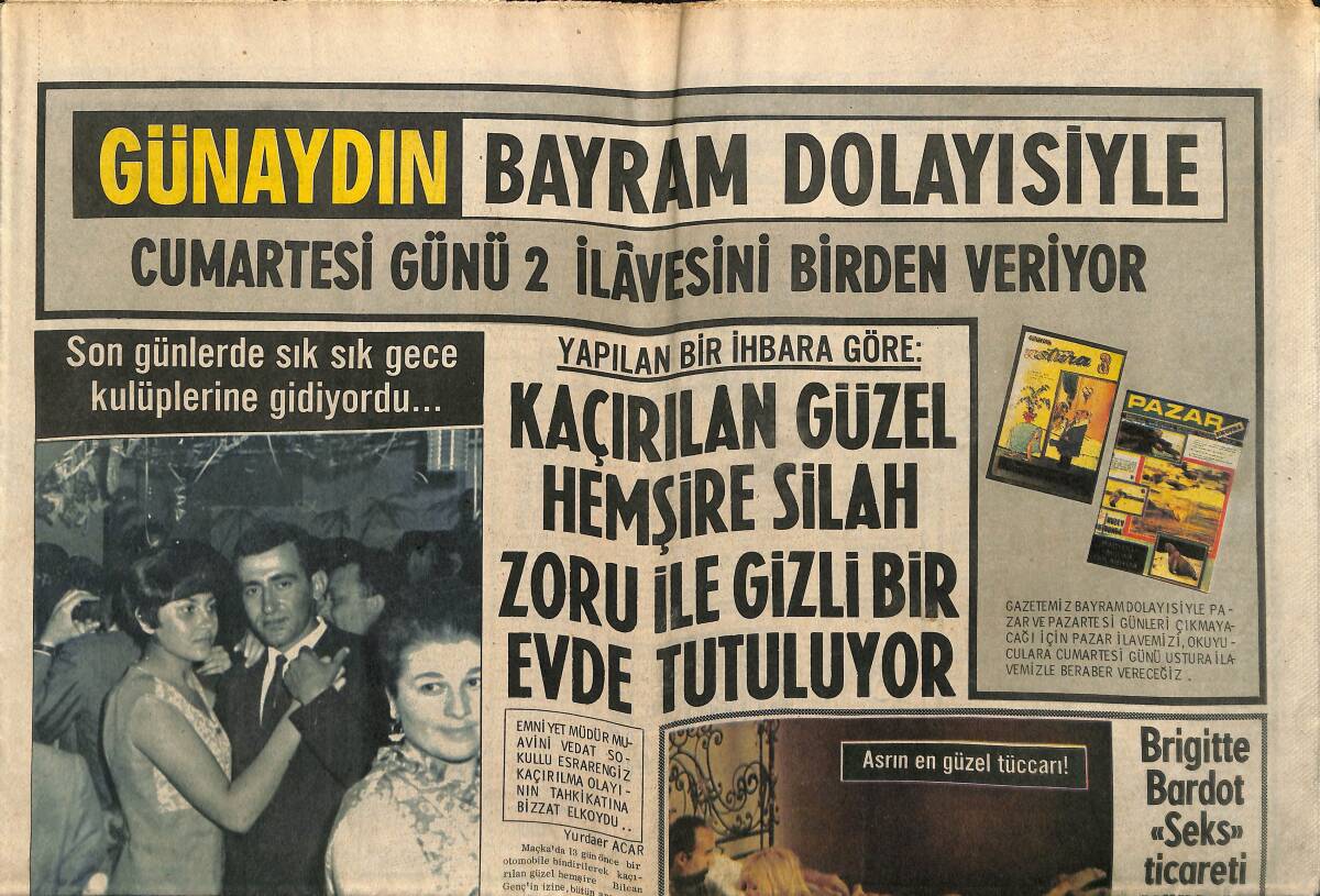 Günaydın Gazetesi 19 Aralık 1968 - Brigitte Bardot Bir Filmde 8 Sevişme Usulü Gösterecek - Johnson'un Kızı Kapalıçarşı'da Pardesü Bulamadı GZ152120 - 1
