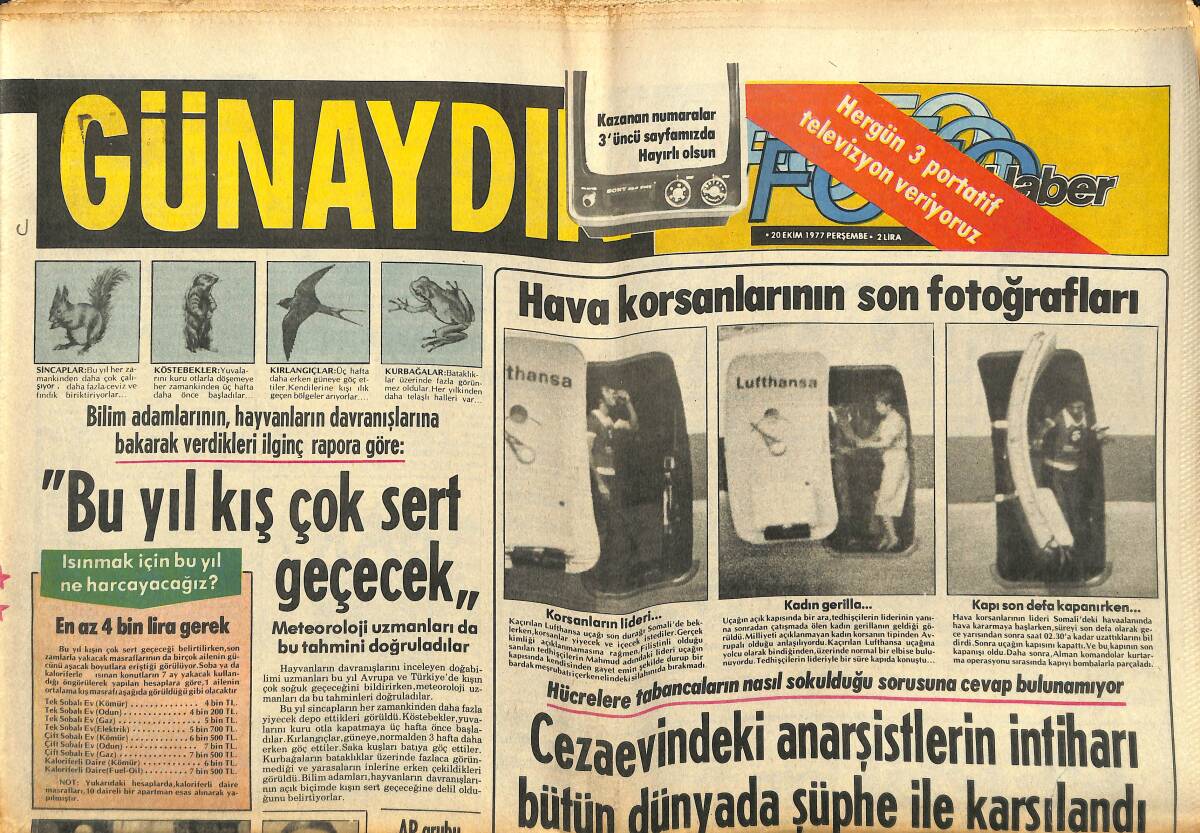 Günaydın Gazetesi 20 Ekim 1977 - Füsun Önal'ın Televizyon Çekimini Babası Hazırladı - Cezaevinde İntihar Eden Anarşistler Dünya'da Şüphe Uyandırdı GZ141055 - 1