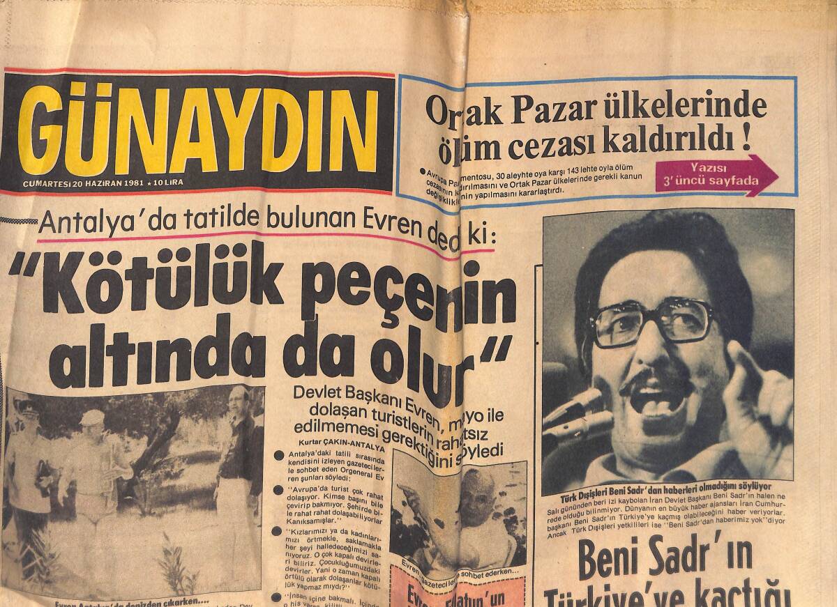 Günaydın Gazetesi 20 Haziran 1981 - Beni Sadr'ın Türkiye'ye Kaçtığı Söyleniyor - Ağca Cezaevinde İtalyanca Öğreniyor GZ132655 - 1