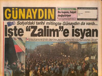 Günaydın Gazetesi 20 Kasım 1989 - First Ladyye Cuhurbaşkanı Desteği - Sofyadaki Tarihi Miting GZ126359 - 1