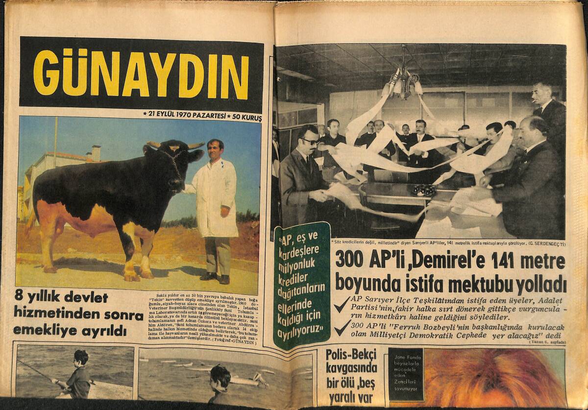 Günaydın Gazetesi 21 Eylül 1970 - Jane Fonda 37 Bin Lira Vererek Bir Zenciyi Hapisten Kurtardı - Kral Hüseyin'in Kızı Londra'da Korku İçinde GZ152087 - 1