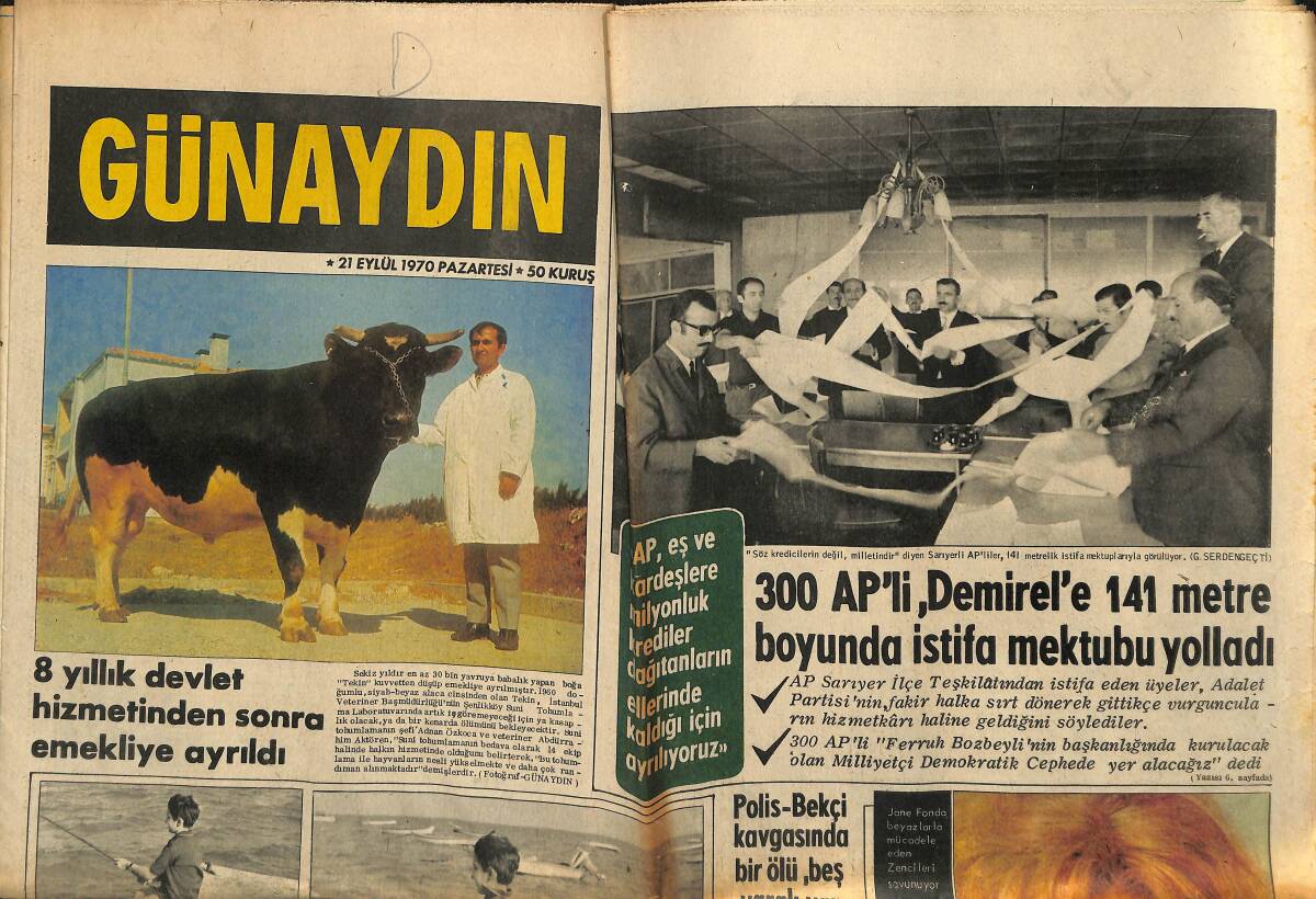 Günaydın Gazetesi 21 Eylül 1970 - Jane Fonda 37 Bin Lira Vererek Bir Zenciyi Hapisten Kurtardı - Kral Hüseyin'in Kızı Londra'da Korku İçinde GZ152088 - 1