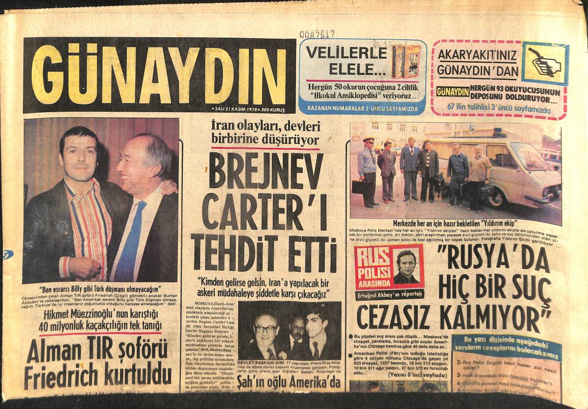 Günaydın Gazetesi 21 Kasım 1978 - Ankara'da Pis Havalar Yüzünden Ölümler Arttı - Brejnev Carter'i Tehdit Etti GZ147700 - 1