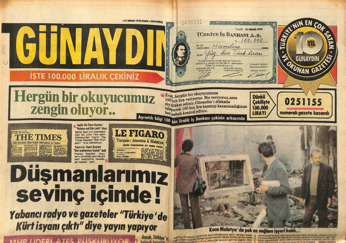 Günaydın Gazetesi 21 Nisan 1978 - Malatya Olaylarında Binlerce Liralık Mal Yağma Edildi - Türkeş, Ecevit Ve Özaydınlı'yı İspata Çağırdı GZ152110 - 1