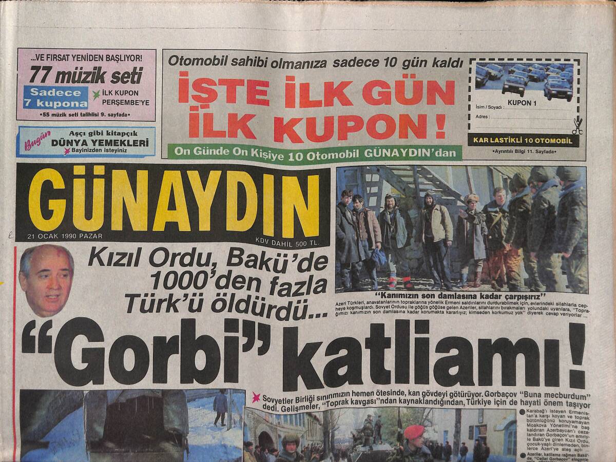 Günaydın Gazetesi 21 Ocak 1990 - Ajda Pekkan , Silbaştan - Kızılordu , Bakü'de 1000'den Fazla Türk'ü Öldürdü... GZ151268 - 1