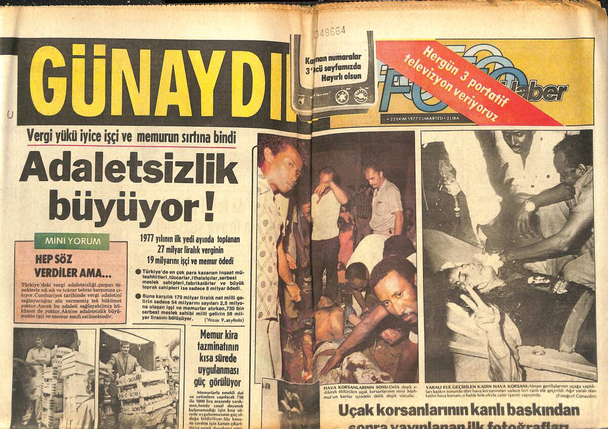 Günaydın Gazetesi 22 Ekim 1977 - Alman Hükümeti Anarşist Başına Yarım Milyon Lira Ödül Koydu ! GZ142369 - 1
