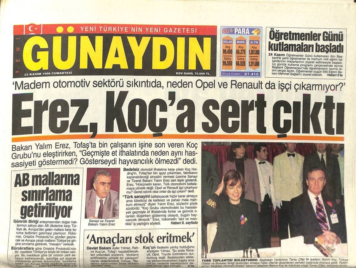 Günaydın Gazetesi 23 Kasım 1996 - Erez, Koç'a Sert Çıktı - Ebru-Emrah Show - Meral Akşener: Çeteleri EBK Mı Yakaladı? GZ147794 - 1