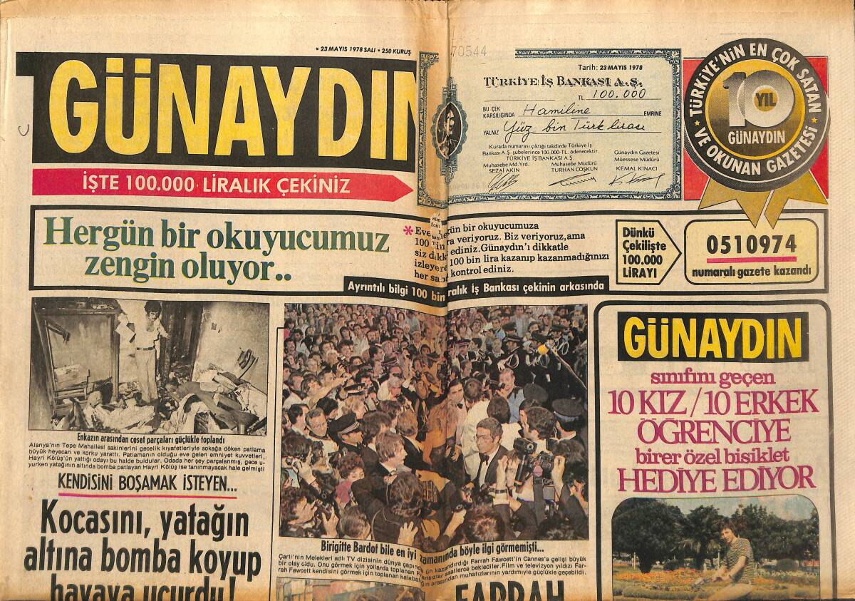 Günaydın Gazetesi 23 Mayıs 1978 - Farrah Cannes'i Birbirine Kattı - Enrico: Ajda İle Geçirdiğim Günleri Unutamıyorum GZ152143 - 1
