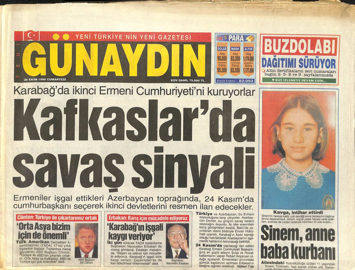 Günaydın Gazetesi 26 Ekim 1996 - Karabağ'da İkinci Ermeni Cumhuriyeti'ni Kuruyorlar GZ147736 - 1