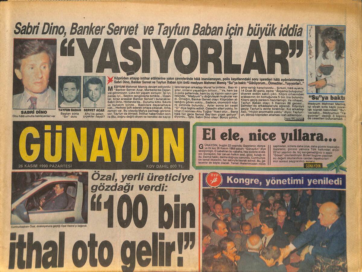 Günaydın Gazetesi 26 Kasım 1990 - DYP'ye Gençlik Aşı - Vah Fener'im Vah GZ133916 - 1