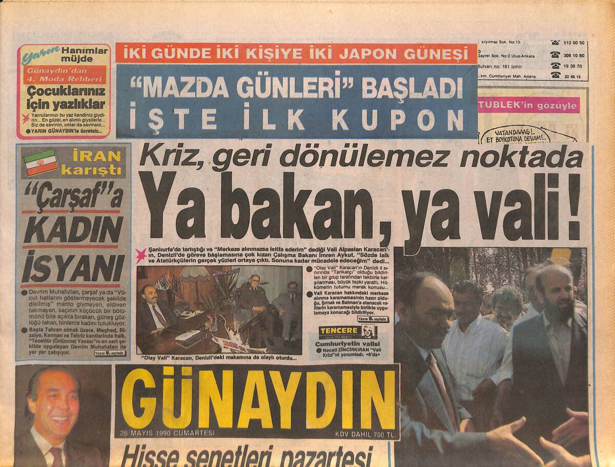 Günaydın Gazetesi 26 Mayıs 1990 - Yıldırım Akbuluta Suikast İhbarı - Huzurlarınız da Zerrin Özer, Müşerref Akay, Nil Burak GZ133908 - 1