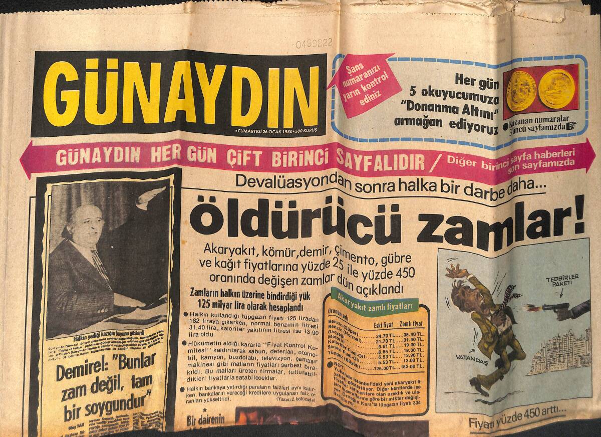 Günaydın Gazetesi 26 Ocak 1980 - Demirel; Bunlar Zam Değil, Tam Soygundur - Erbakan: AP Hükümeti Milleti Ezik Ezik Ezdirme Planı Uyguluyor GZ132327 - 1