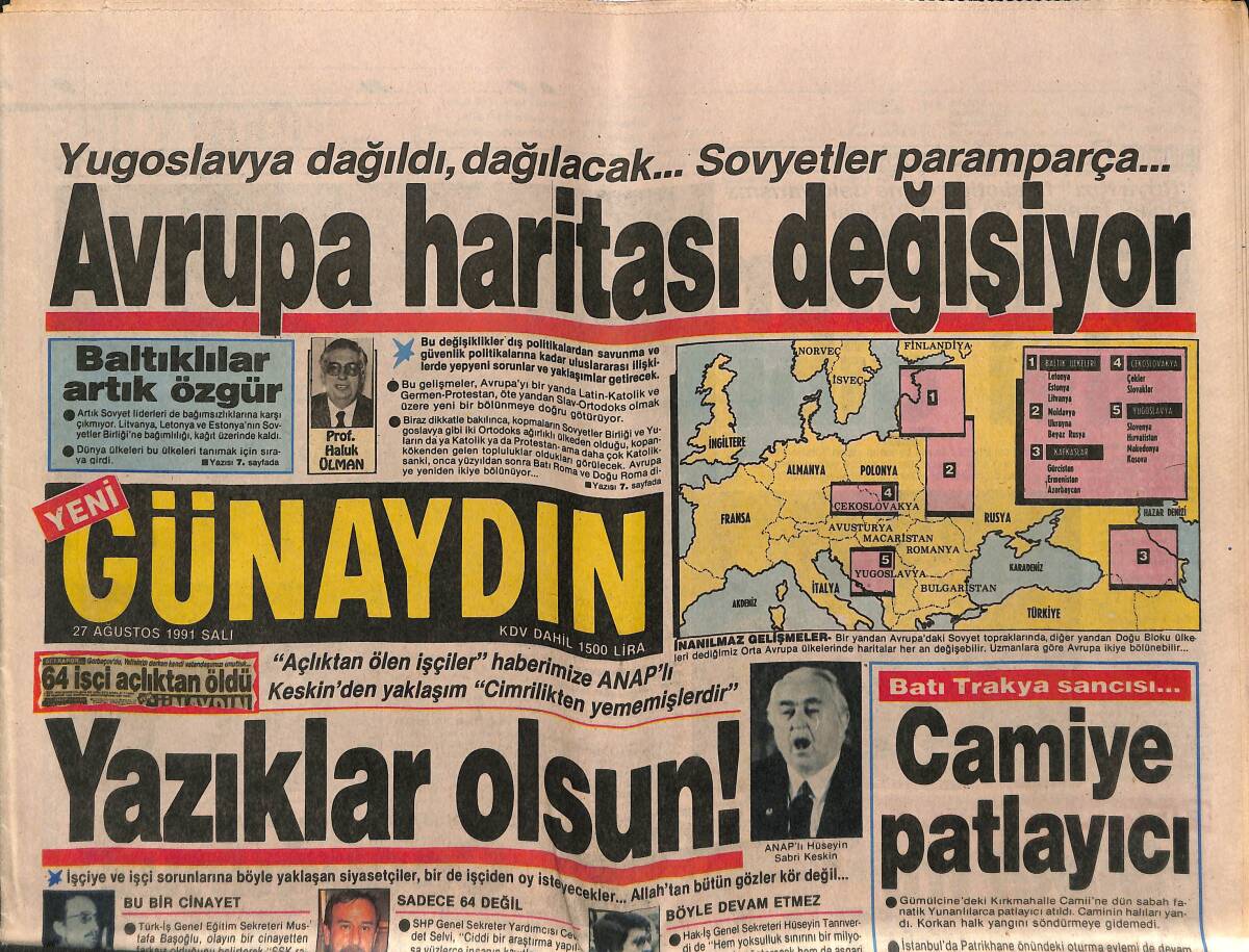 Günaydın Gazetesi 27 Ağustos 1991 - Avrupa Haritası Değişiyor - ANAP'tan İş Rüşveti GZ151278 - 1