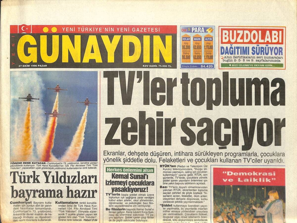 Günaydın Gazetesi 27 Ekim 1996 - GAP Pamuğu Zengin Etti - Galatasaray Köşe Döndürecek GZ147739 - 1
