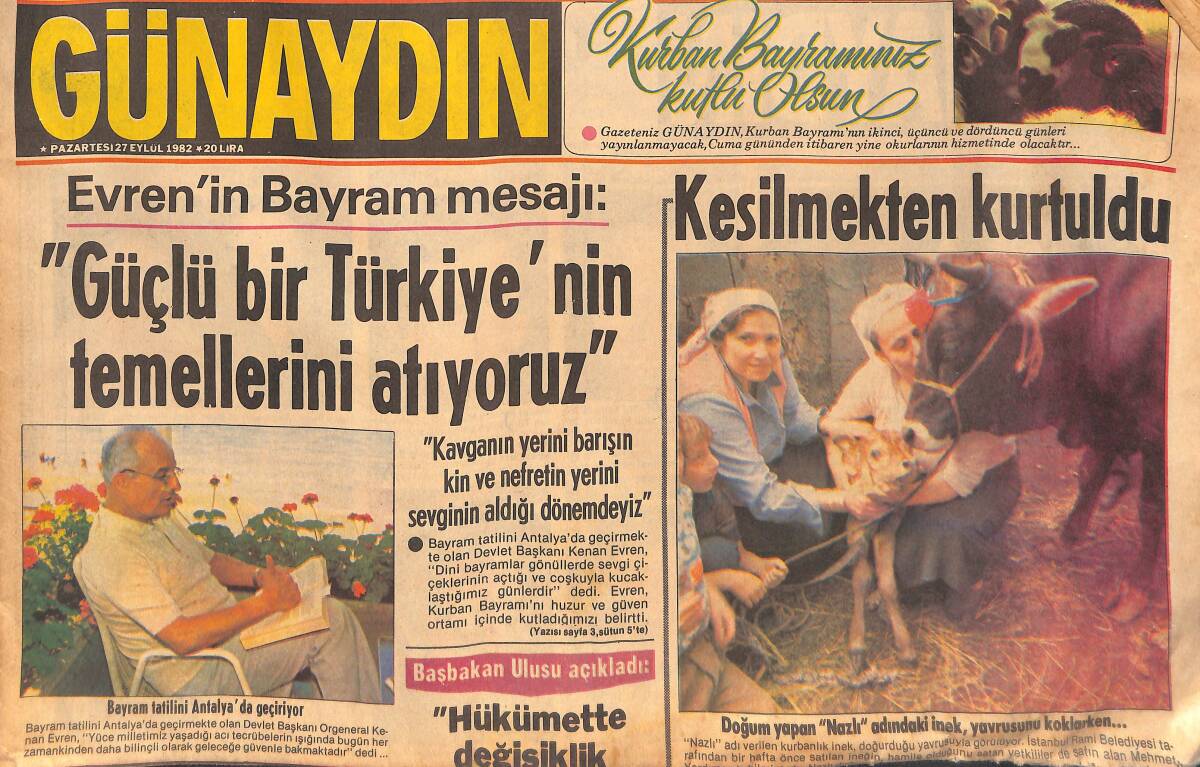 Günaydın Gazetesi 27 Eylül 1982 - Başbakan; Hükümette Değişiklik Yapılmayacak - İngiltere'de Futbol Vahşeti GZ132755 - 1