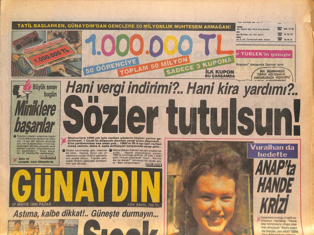 Günaydın Gazetesi 27 Mayıs 1990 - Odalar Birliğinde Demirel Zaferi - Diana'nın Yıldızı Patsy Kensit - Margaret Thatchar 