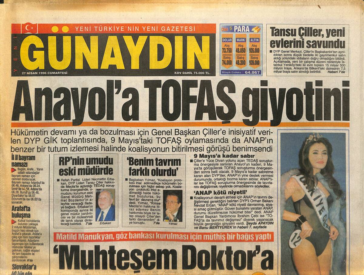 Günaydın Gazetesi 27 Nisan 1996 - Fatma Girik Yine Mahkemelik - Hülya Avşar İzmir'de Devleşti GZ147797 - 1
