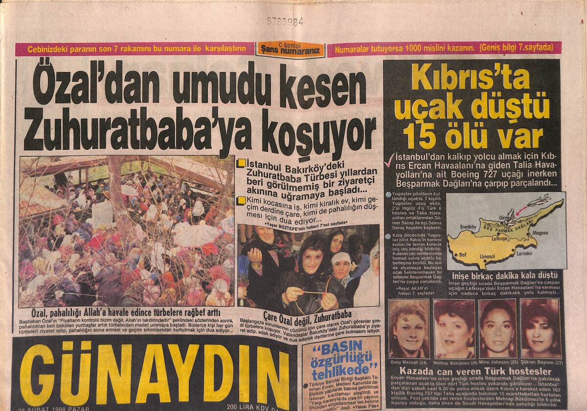 Günaydın Gazetesi 28 Şubat 1988 - Kıbrıs'ta Uçak Düştü 15 Ölü Var - Sibel Can'dan Romatizmalılara Göbek Yardımı GZ151266 - 1