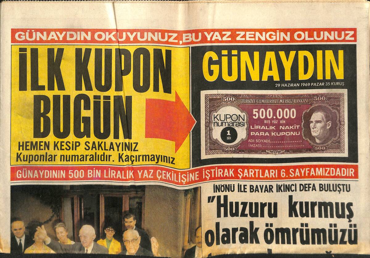Günaydın Gazetesi 29 Haziran 1969 - İnönü İle Bayar El Ele Poz Verdi - Ajda Pekkan, Atina'da Kendisine Yeni Bir Koca Buldu GZ152125 - 1