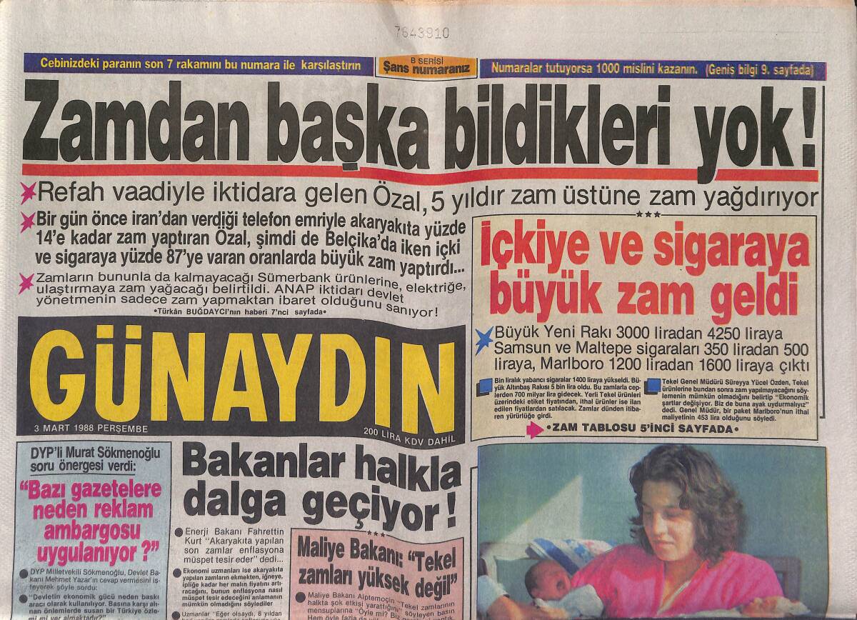 Günaydın Gazetesi 3 Mart 1988 - Güngör Bayrak , Paris'te Bir Erkek Çocuk Doğurdu - Teletaş'ta Büyük Hayal Kırıklığı GZ151267 - 1