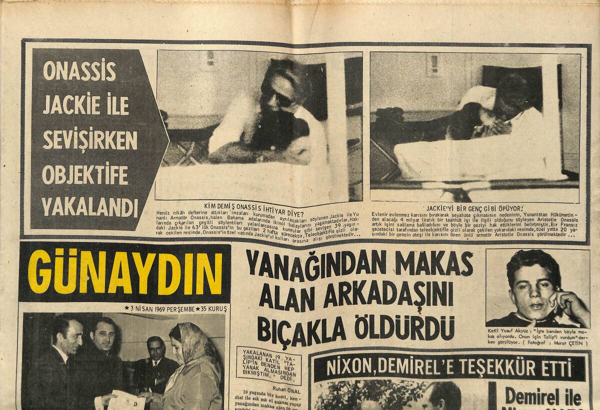 Günaydın Gazetesi 3 Nisan 1969 - Onassis, Jackie İle Sevişirken Objektife Yakalandı - Nixon Demirel'e Teşekkür Etti GZ152082 - 1