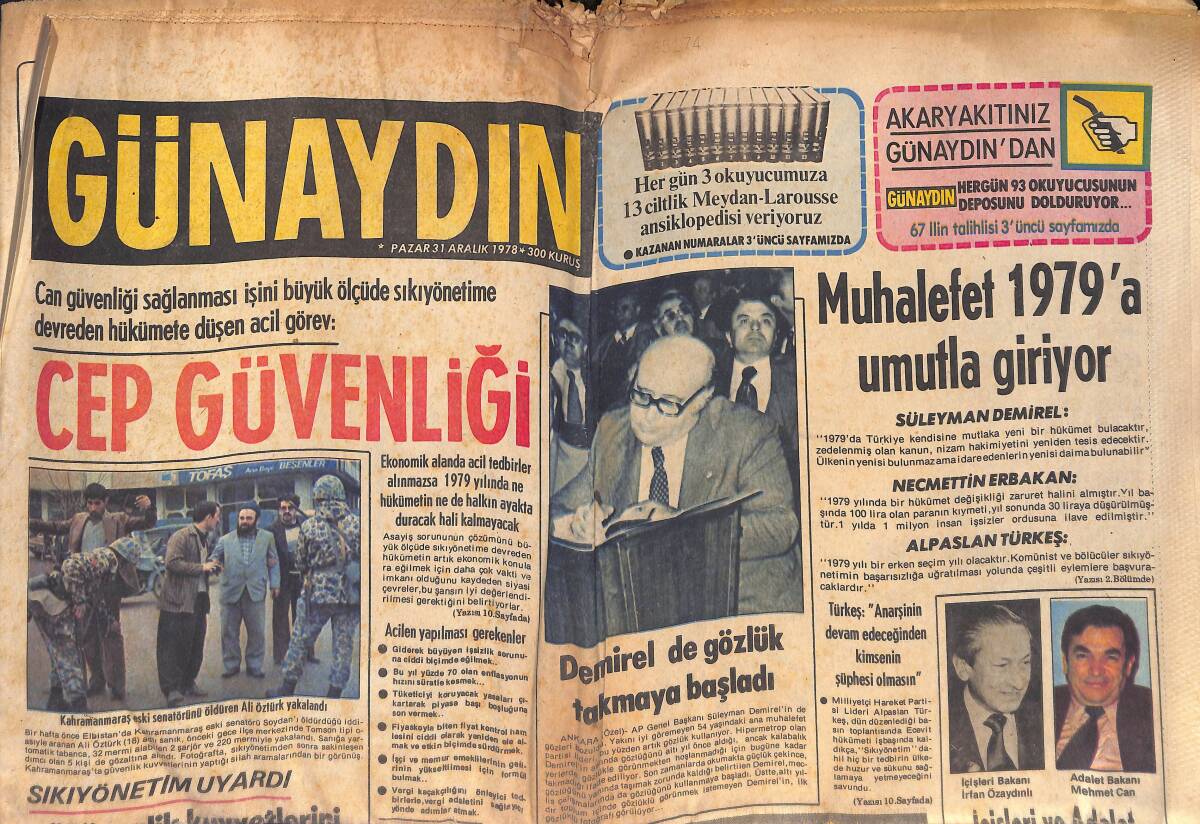 Günaydın Gazetesi 31 Aralık 1978 - İçişleri Ve Adalet Bakanları Topun Ağzında - Tv'de Bu Gece, Orhan Gencebay, Erol Evgin, Behiye Aksoy, Nükhet Duru GZ132657 - 1