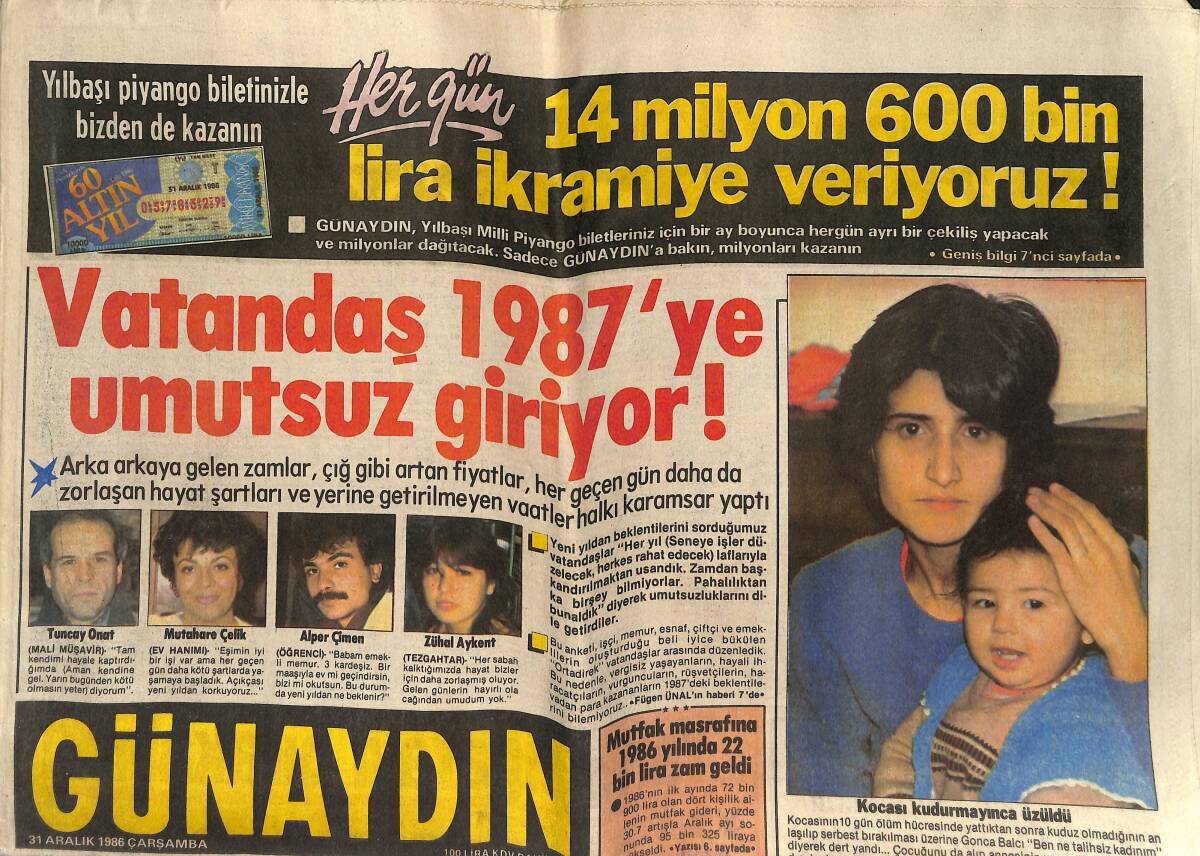 Günaydın Gazetesi 31 Aralık 1986 - Vatandaş 1987'ye Umutsuz Giriyor! - Banu Alkan Kendini Büyük İkramiye Görüyor! GZ142539 - 1
